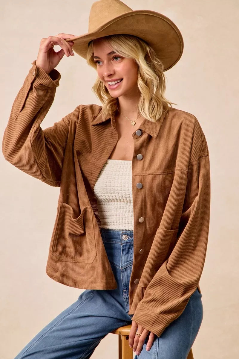 BiBi Corduroy Relaxed Fit Shacket with Back Pleat OutfitFlow