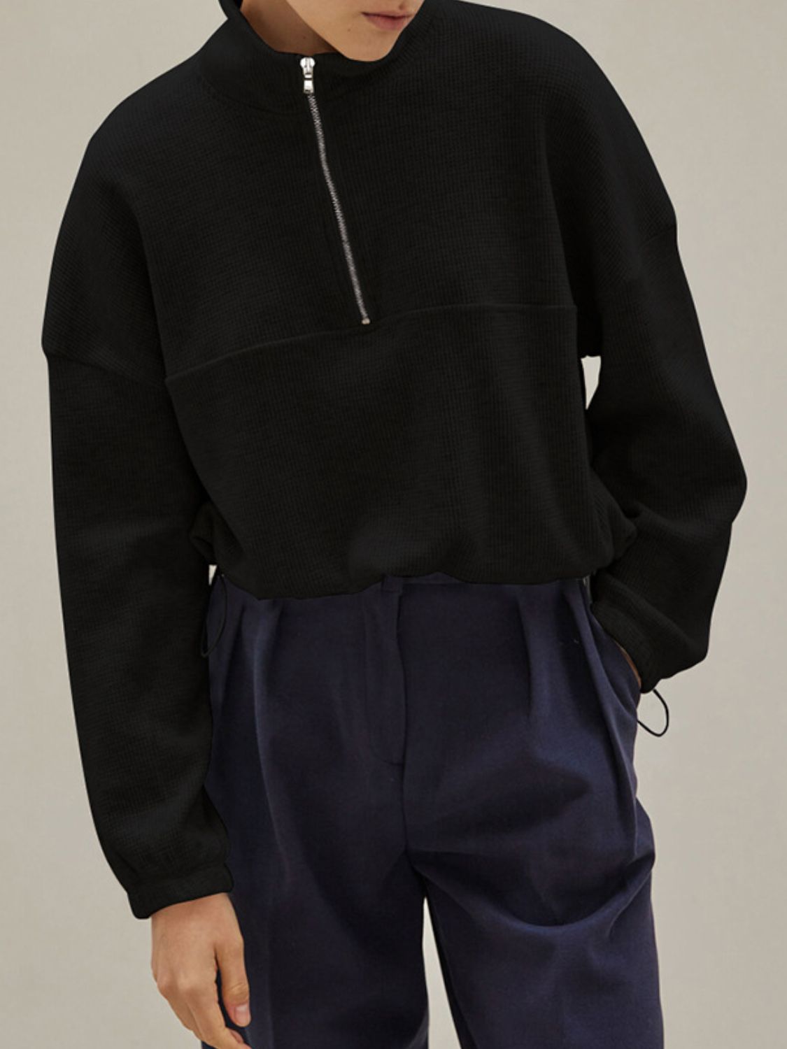 Outfit Flow - Waffle Knit Drawstring Half Zip Long Sleeve Sweatshirt