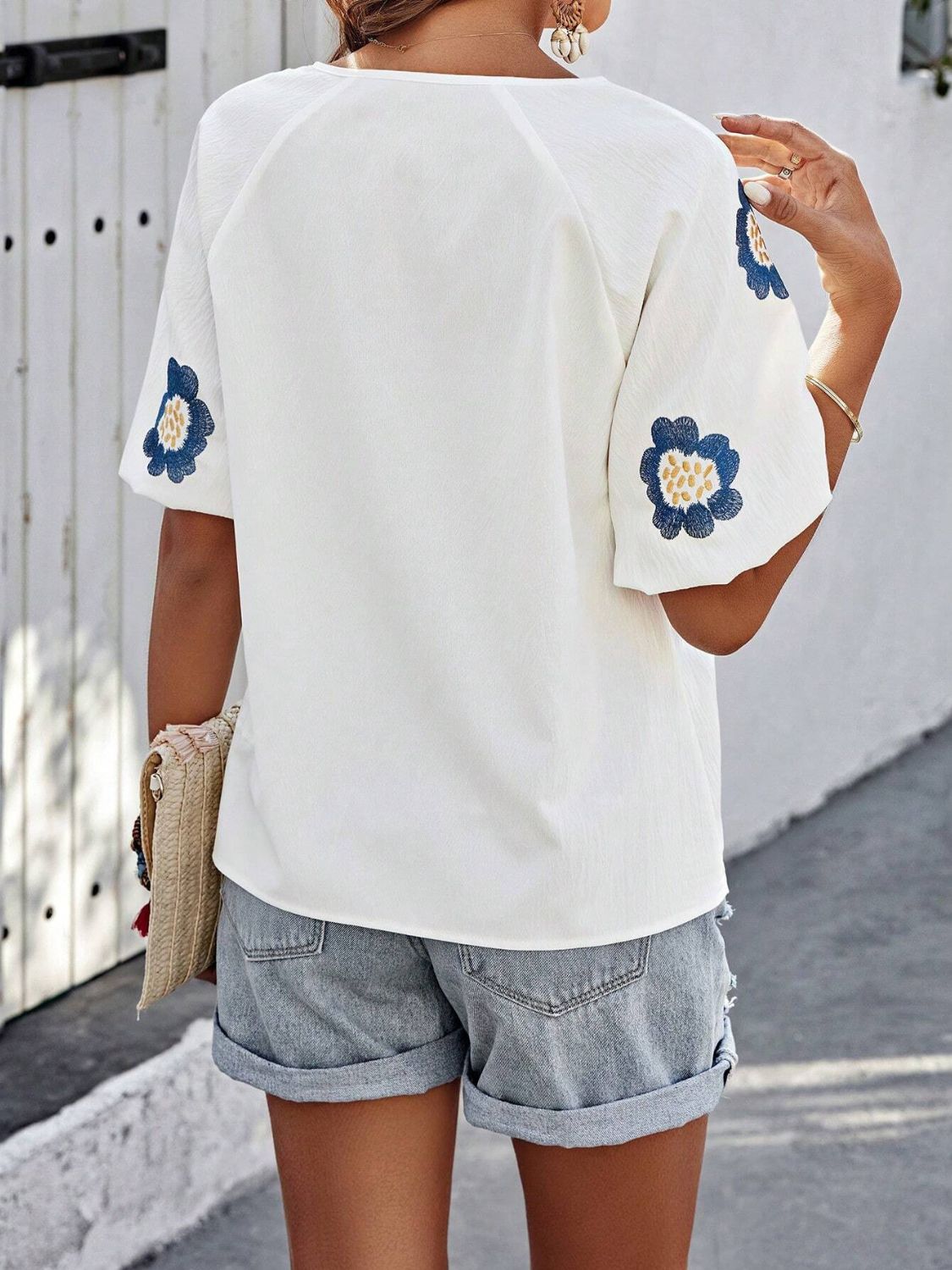 Embroidered Tie Neck Puff Sleeve Blouse OutfitFlow