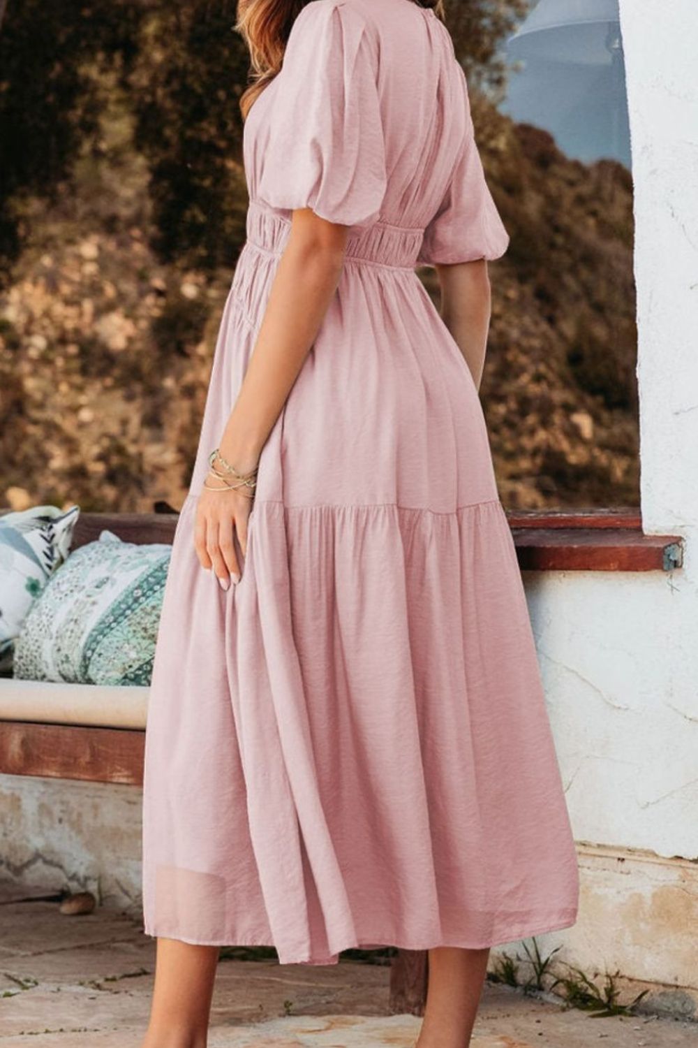 Puff Sleeve Pleated High Waist Flowy Midi Dress OutfitFlow