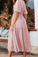 Puff Sleeve Pleated High Waist Flowy Midi Dress OutfitFlow