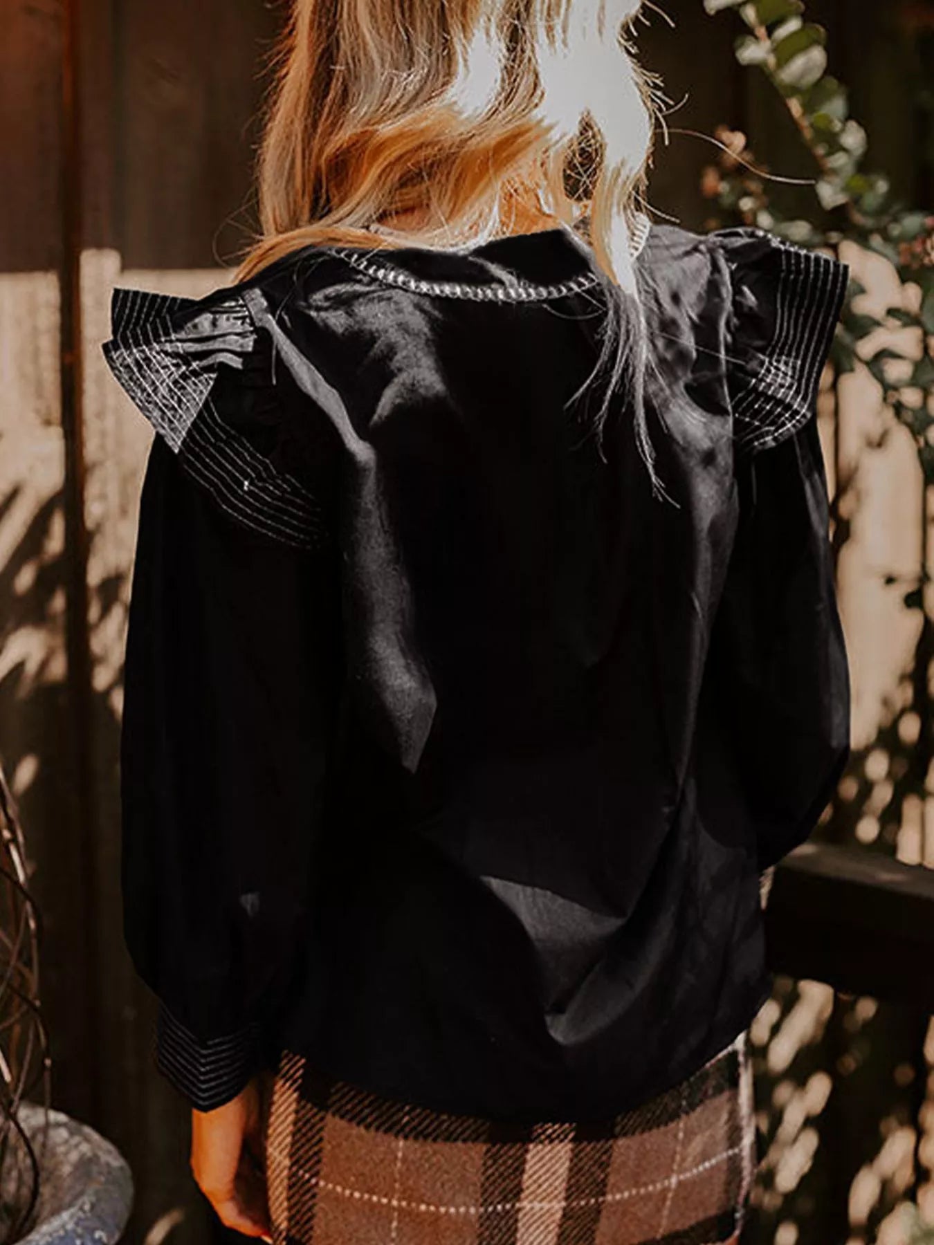 Ruffled Notched Long Sleeve Blouse OutfitFlow