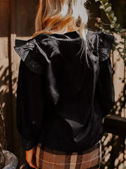 Ruffled Notched Long Sleeve Blouse OutfitFlow