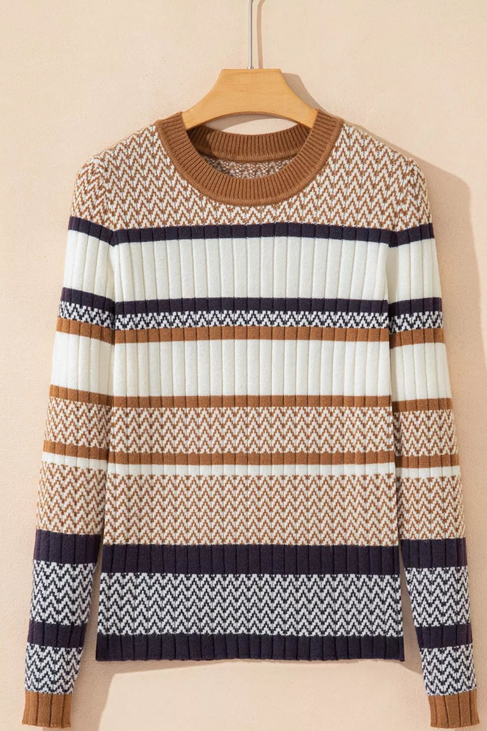 Stripe Stylish Pattern Knitted Ribbed Trim Slim Sweater OutfitFlow