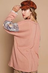 POL Round Neck Long Sleeve Roomy Fit Top with Stitch Detail OutfitFlow