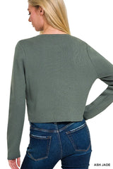 Zenana Button-Front Crewneck Long Sleeve Cropped Cardigan OutfitFlow