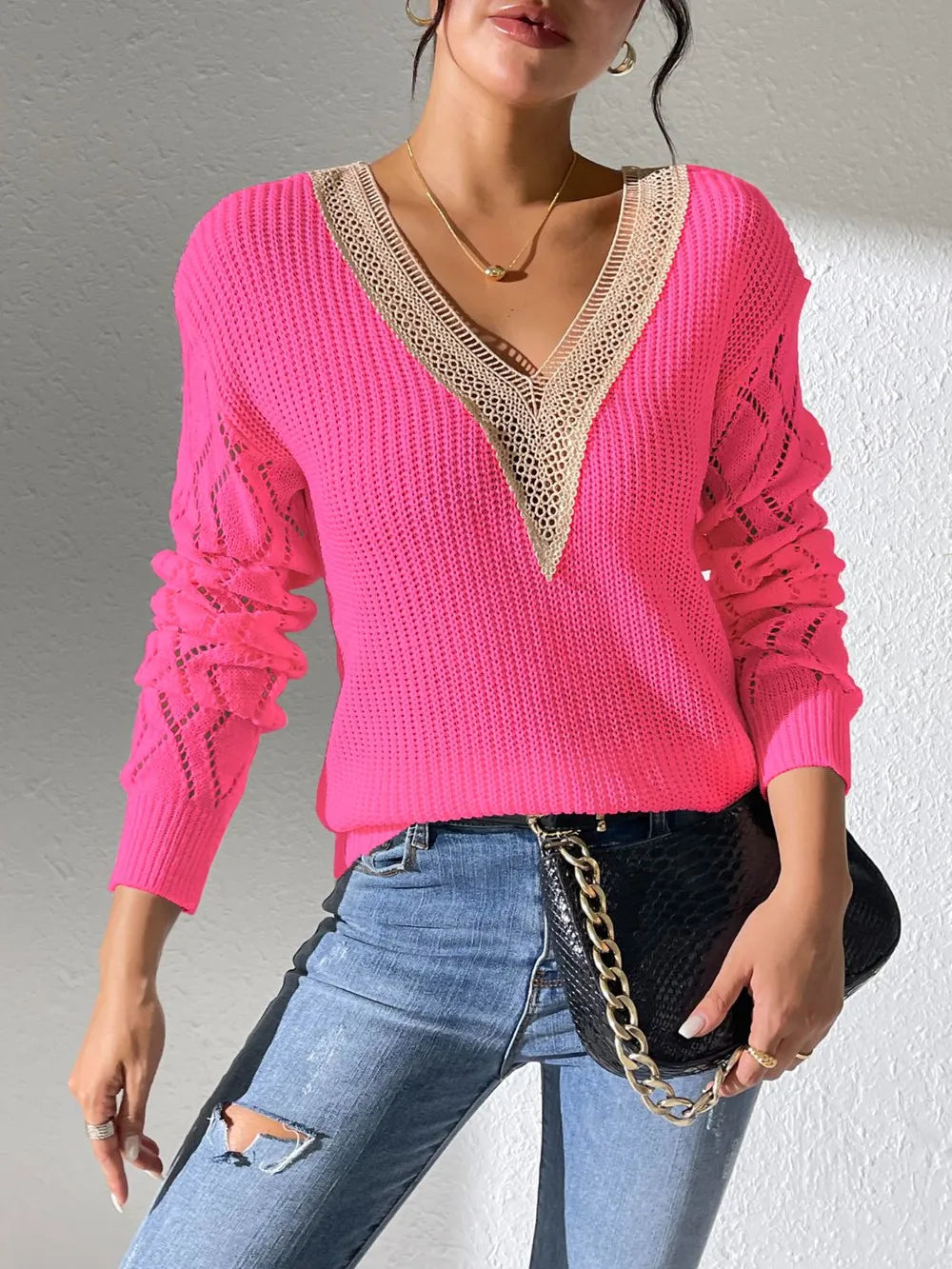 Openwork V-Neck Long Sleeve Sweater Trendsi