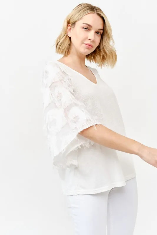 And The Why Feather Detailed 3/4 Sleeve Slub Top OutfitFlow