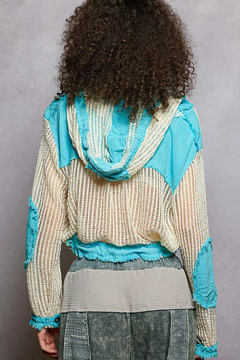 POL Texture Woven Button Down Hooded Shirt with Drawstring Hem OutfitFlow