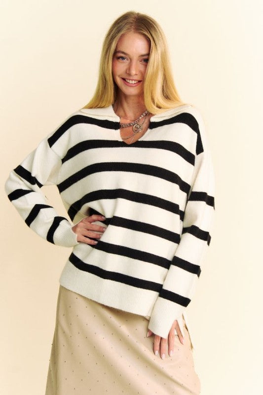 Outfit Flow - Davi & Dani High-Low Side Slit Striped Johnny Collar Sweater