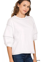Zenana Balloon Sleeve Top with Contrast Stitching OutfitFlow
