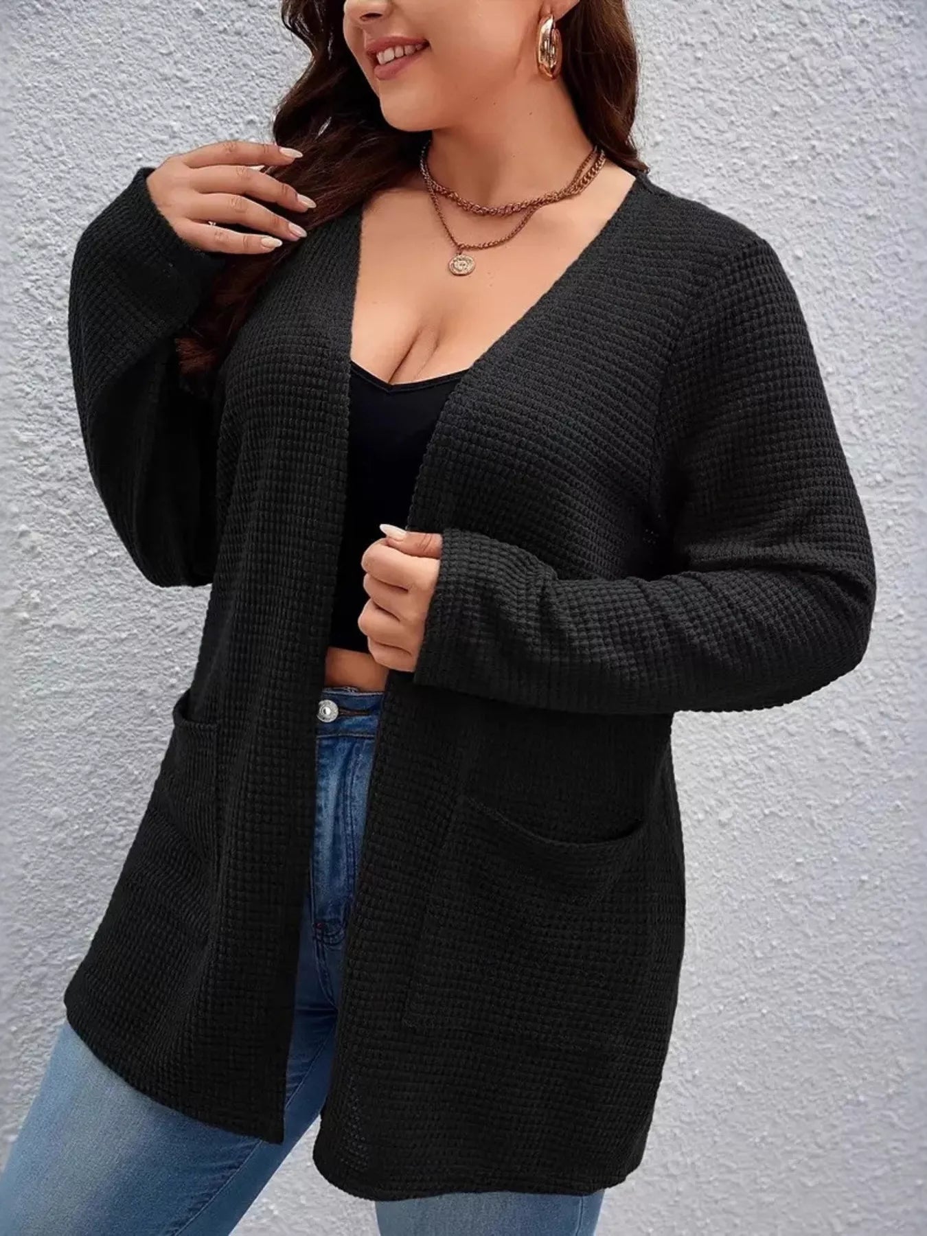 Plus Size Open Front Long Sleeve Knit Cardigan OutfitFlow