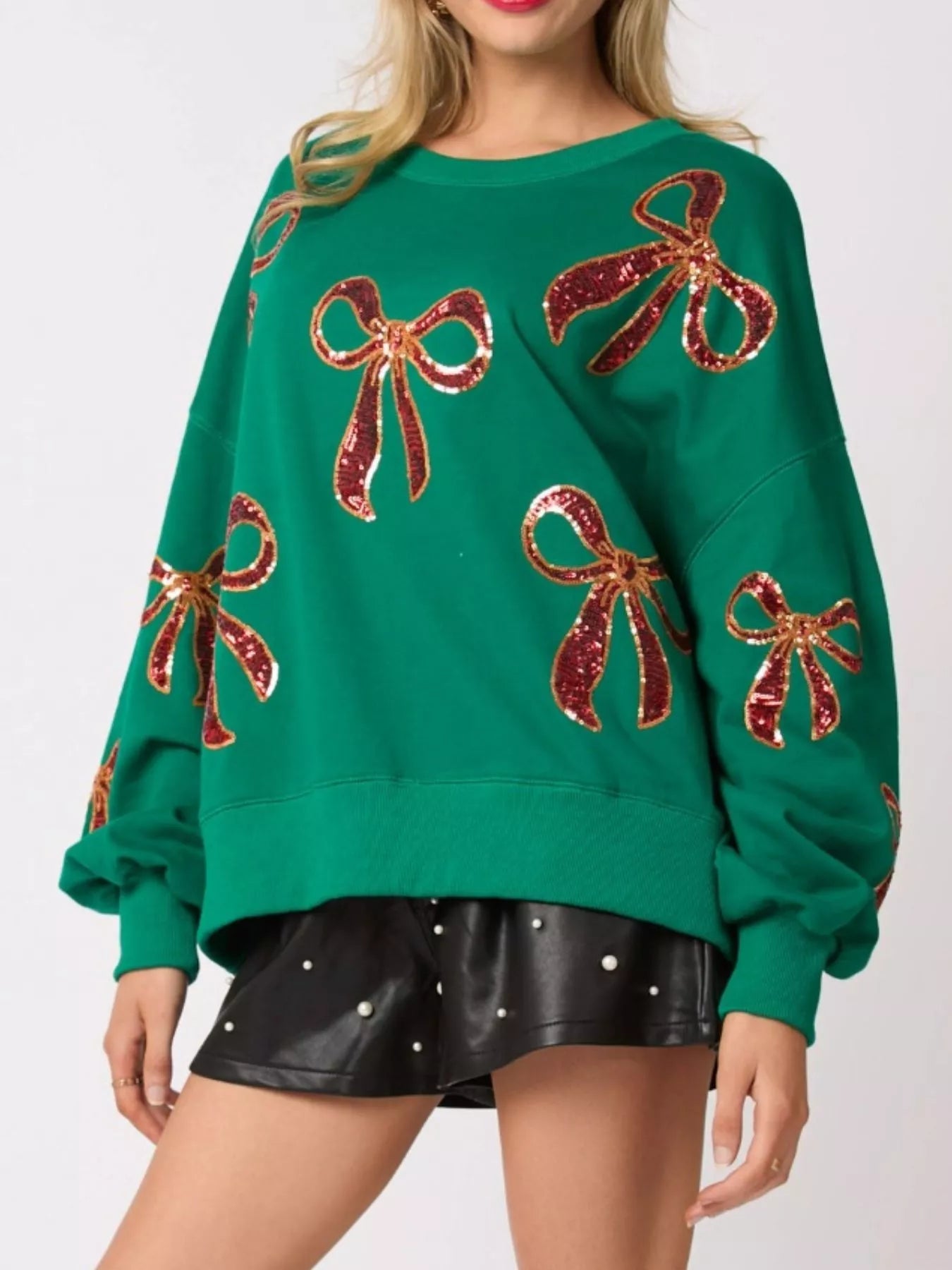 Christmas Sequin Bow Round Neck Sweatshirt OutfitFlow