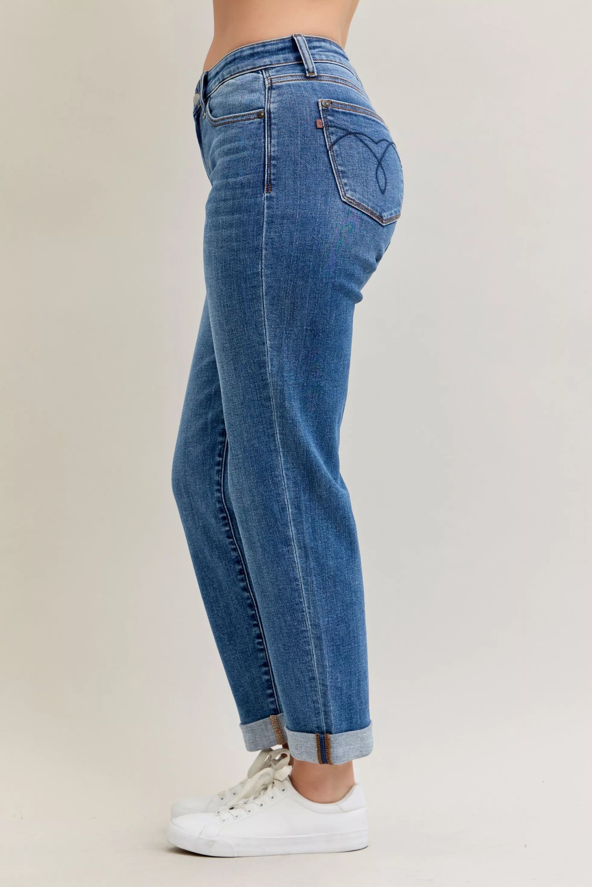Judy Blue Full Size Mid Rise BF Classic Cuffed Jeans Plus Size OutfitFlow