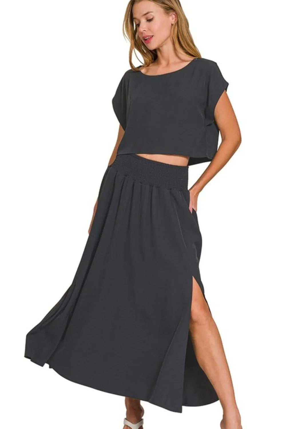 Zenana Heavy Woven Span Crop Tee & Skirt Set OutfitFlow