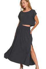 Zenana Heavy Woven Span Crop Tee & Skirt Set OutfitFlow