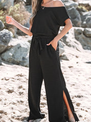 One Shoulder Short Sleeve Knotted Waist Jumpsuit OutfitFlow