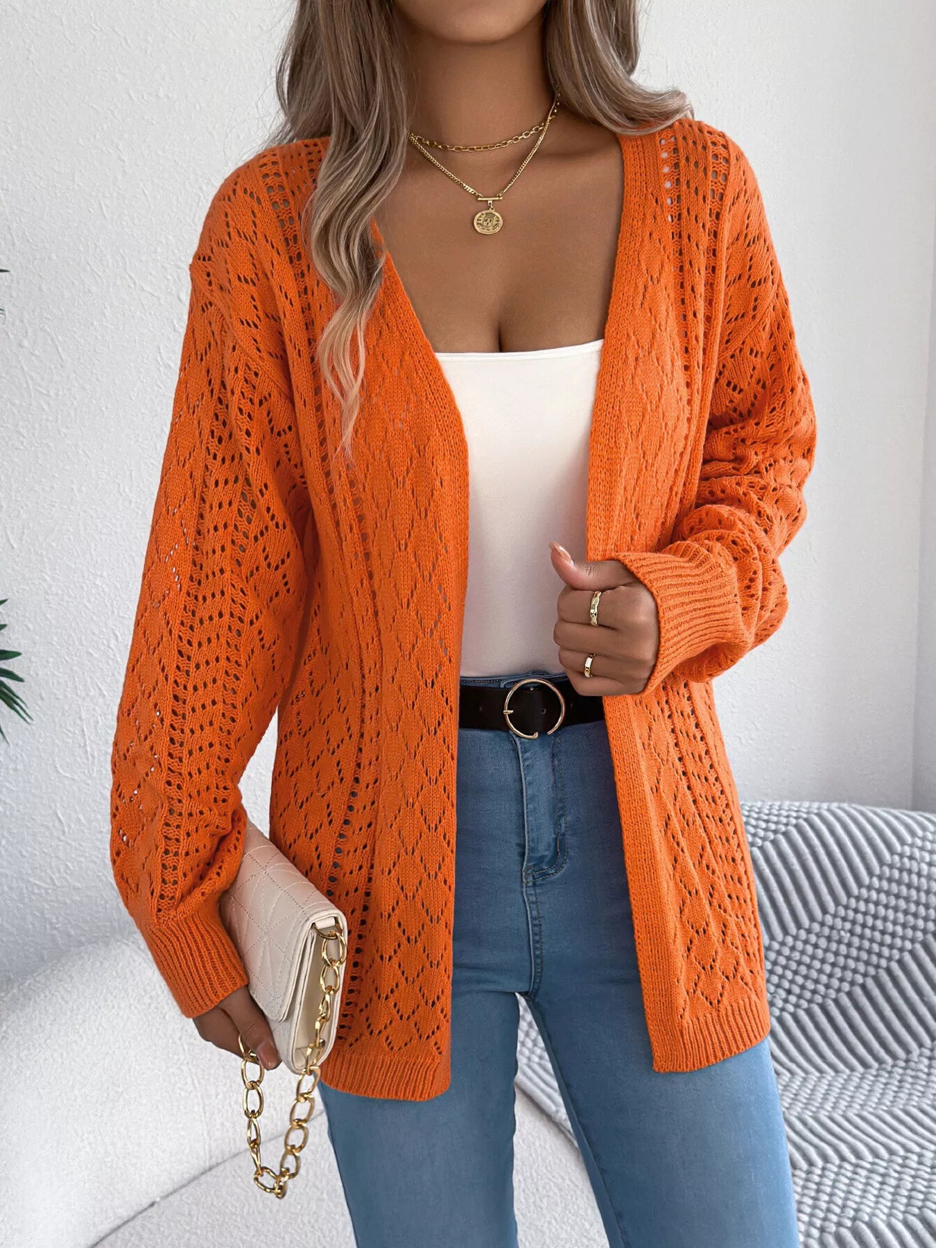 Openwork Open-Front Long Sleeve Cardigan OutfitFlow