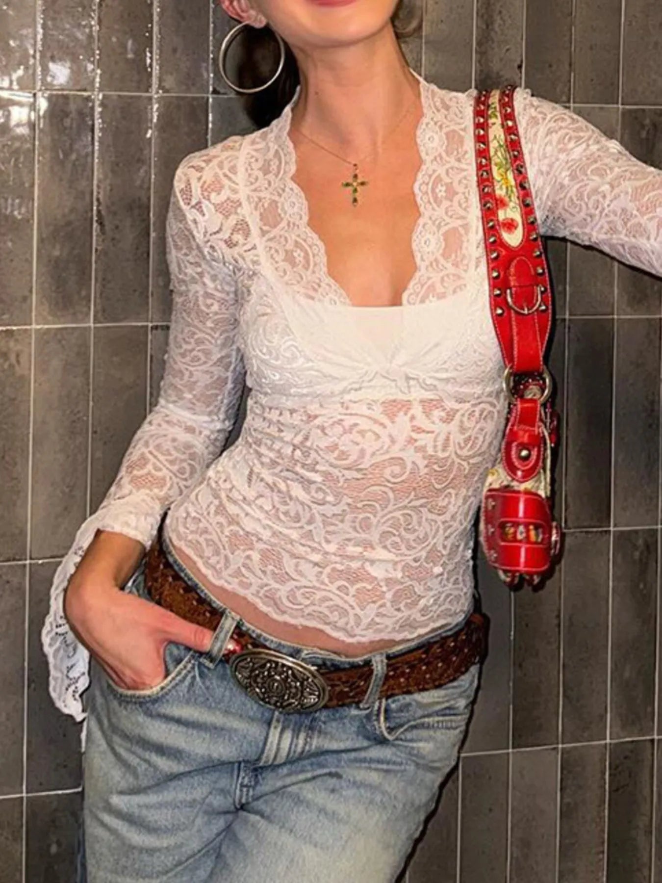Lace Long Sleeve Deep V-Neck Blouse White OutfitFlow