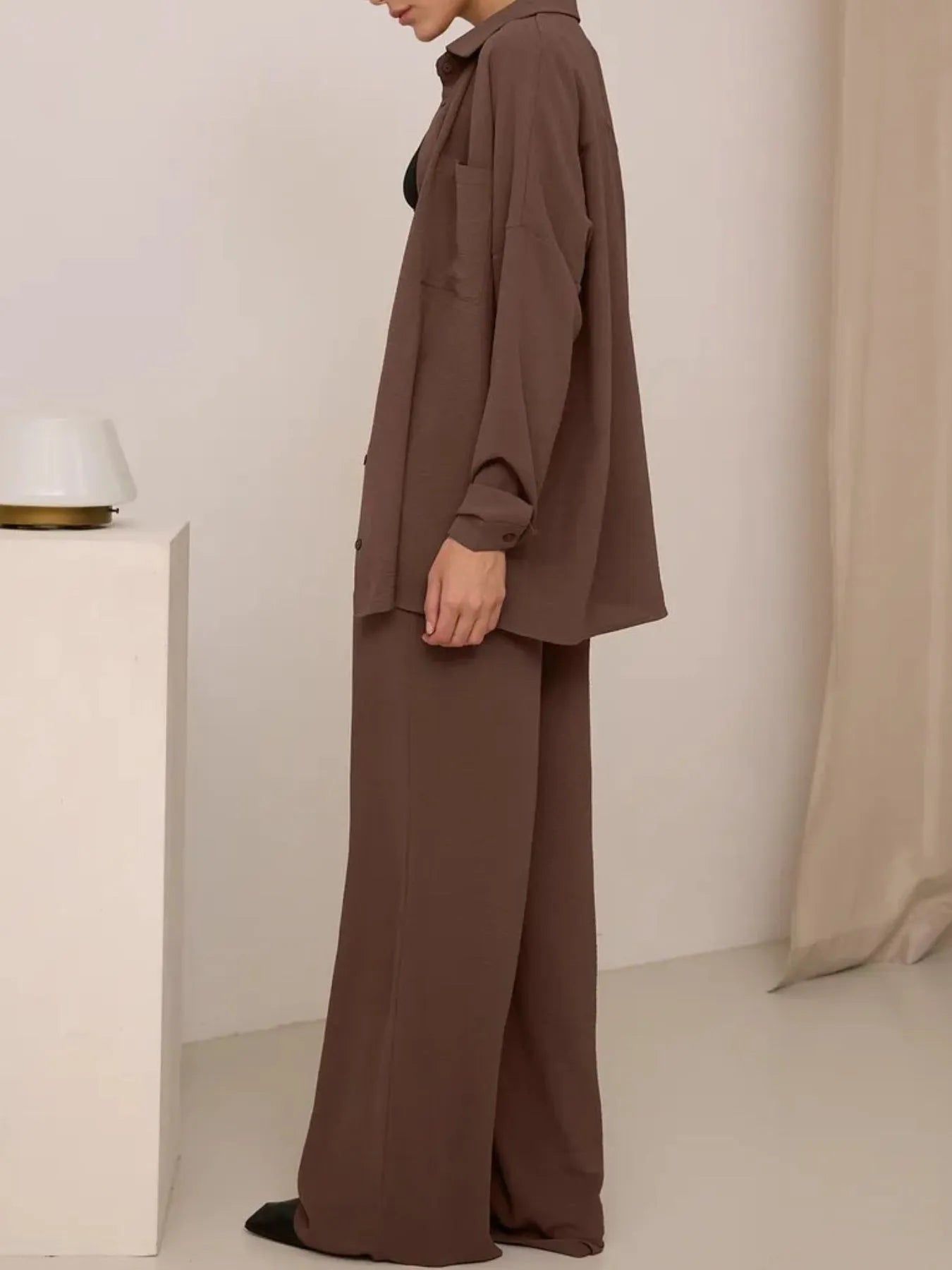 Button Up Long Sleeve Shirt and Pants Set OutfitFlow