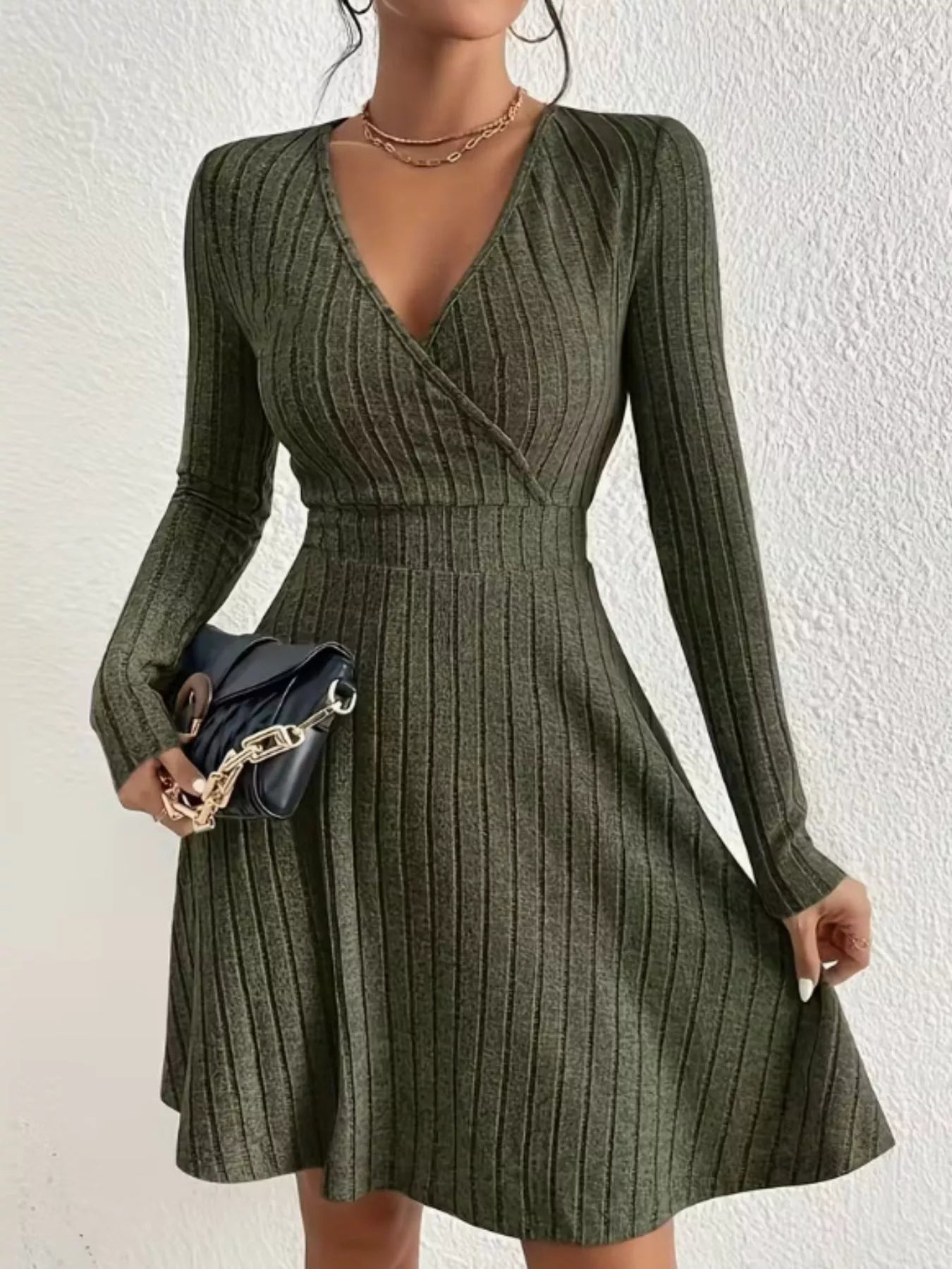 Ribbed Knit Wrap Mini Dress Army Green OutfitFlow