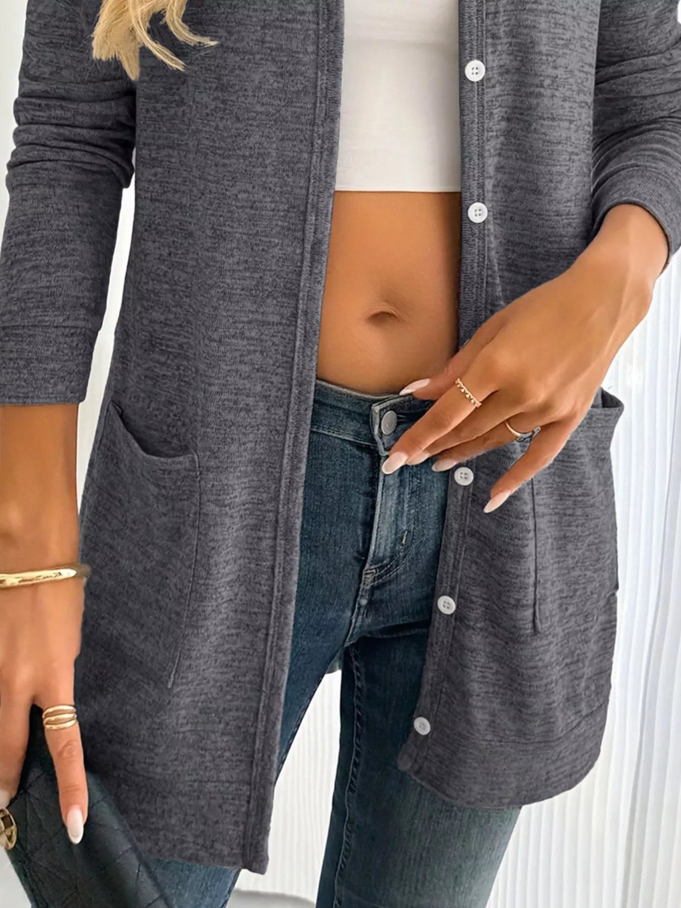 Open Front Longline Cardigan with Side Pockets OutfitFlow