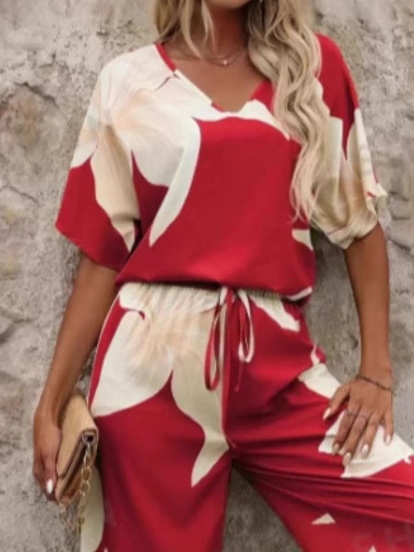 Printed V-Neck Top and Pants Set OutfitFlow