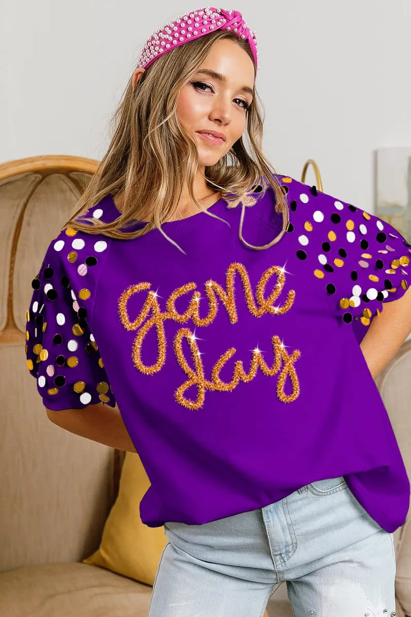 BiBi Game Day Metallic Letter Spangle Sleeve Top OutfitFlow