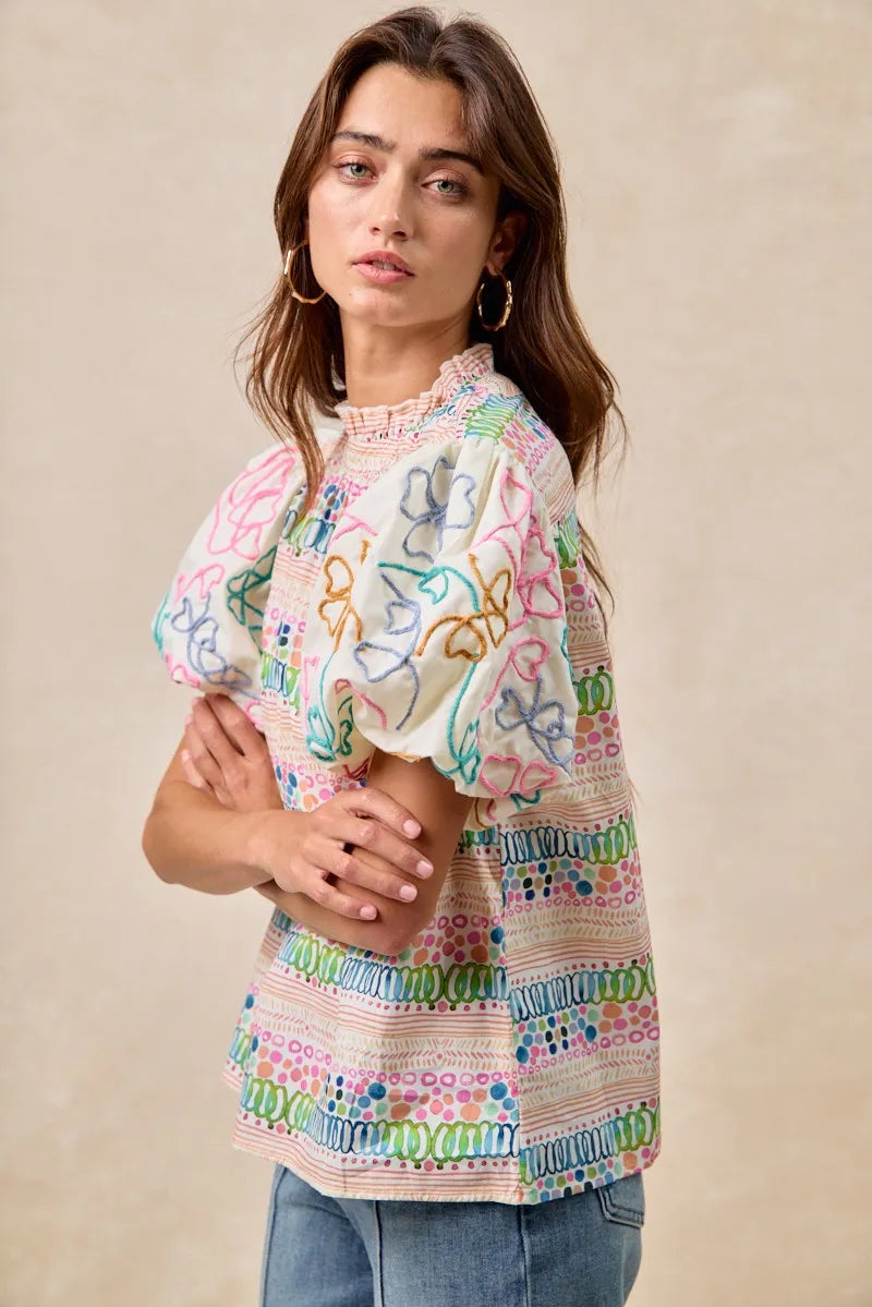 BiBi Ruffle Neckline Blouse With Embroidery Bubble Sleeve OutfitFlow