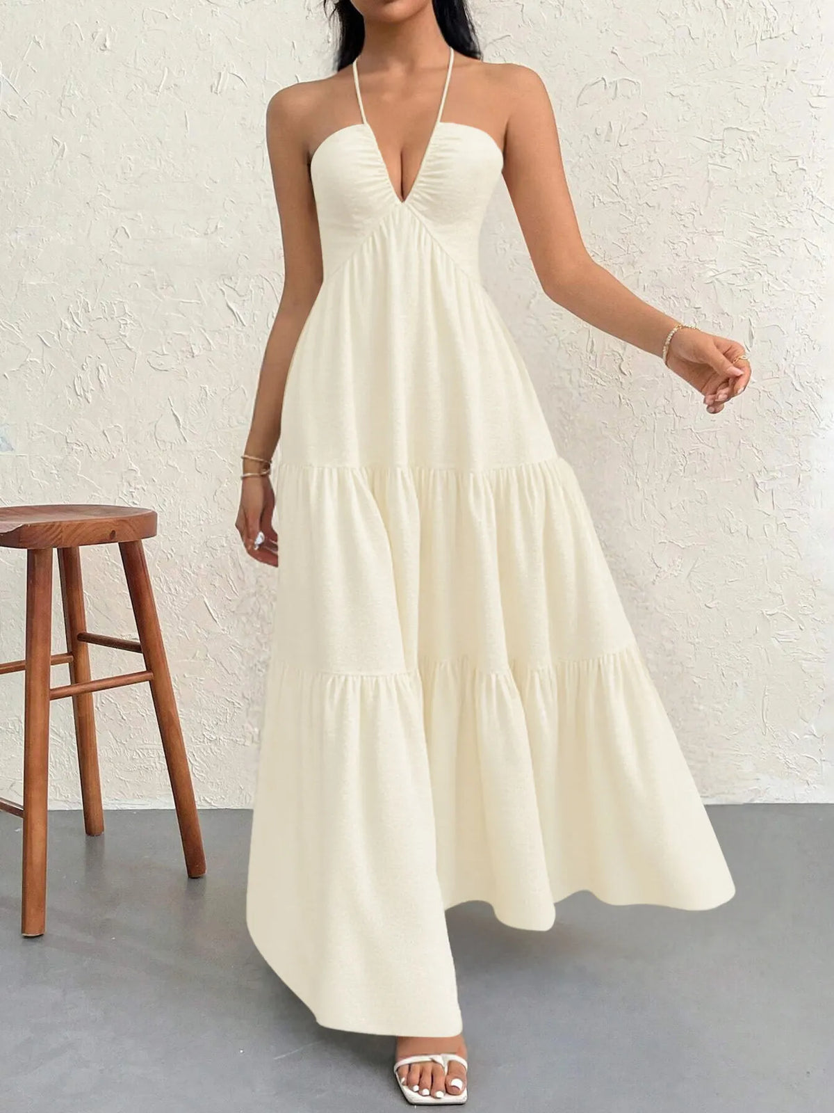 Halter Neck Tiered Maxi Dress Apricot OutfitFlow