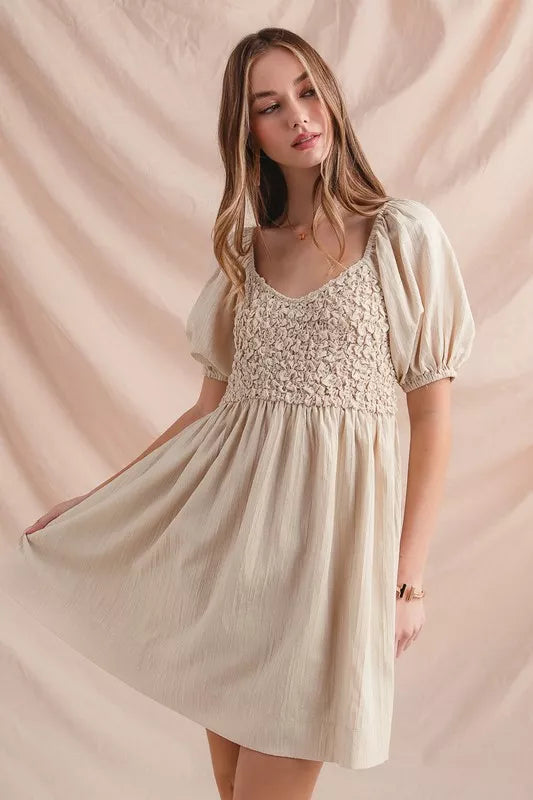 SO ME Textured Woven Daily Dress with Puff Sleeves Trendsi