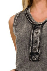 Zenana Washed Half-Button Raw Edge Sleeveless Henley Top OutfitFlow