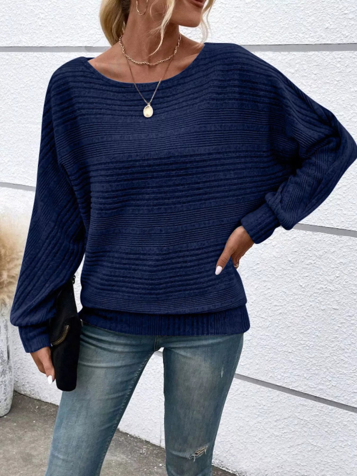 Ribbed Round Neck Long Sleeve Top OutfitFlow