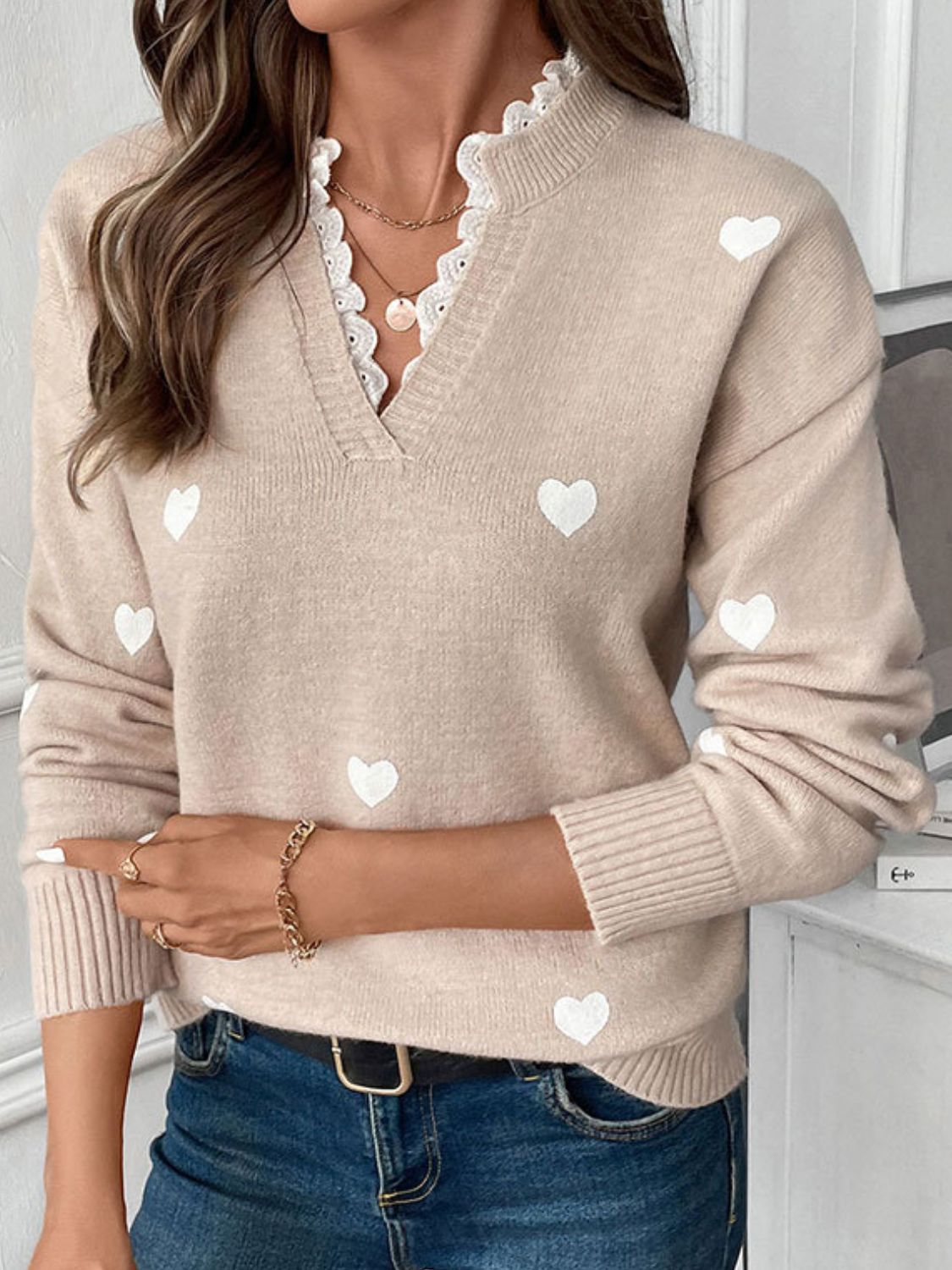 Outfit Flow - Perfee Lace Detail Notched Long Sleeve Sweater