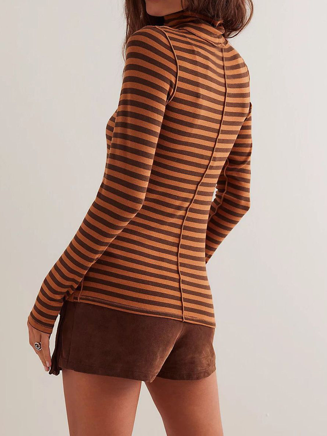 Exposed Seam Striped Turtleneck Long Sleeve T-Shirt Brown OutfitFlow