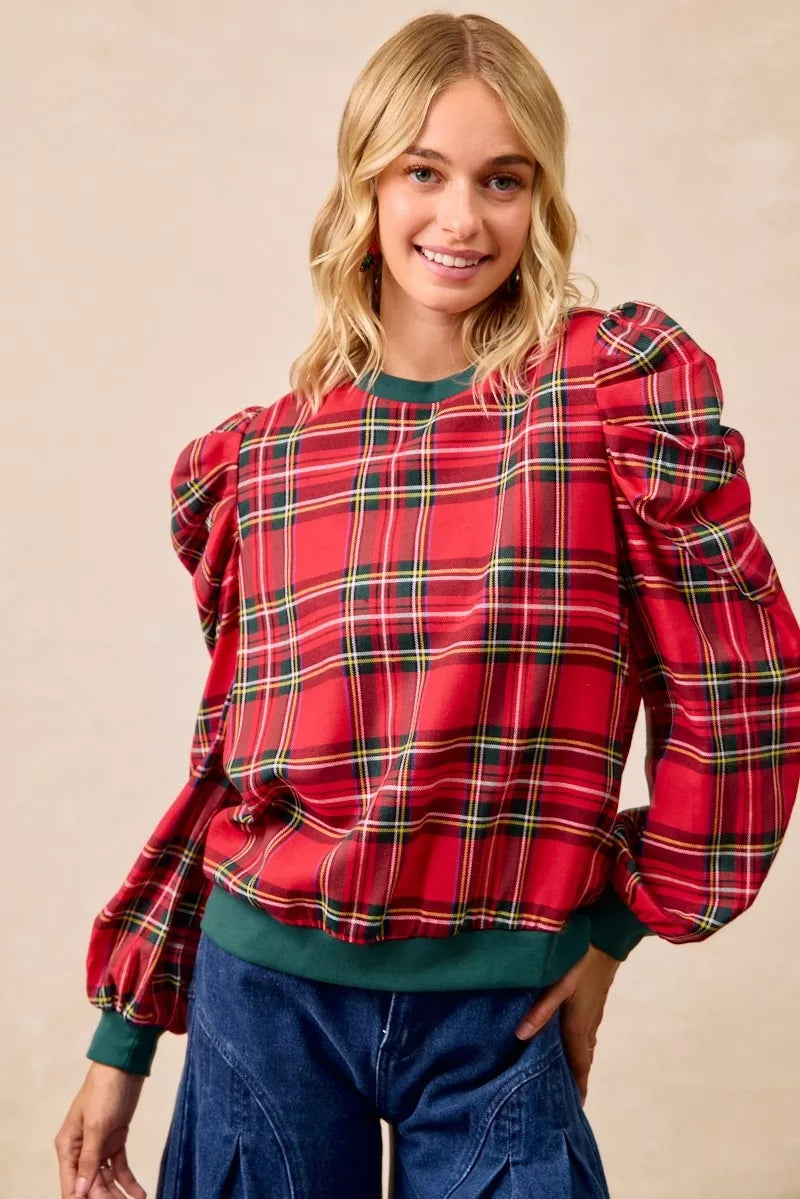 BiBi Christmas Plaid Exaggerated Shoulder Sleeves Top OutfitFlow