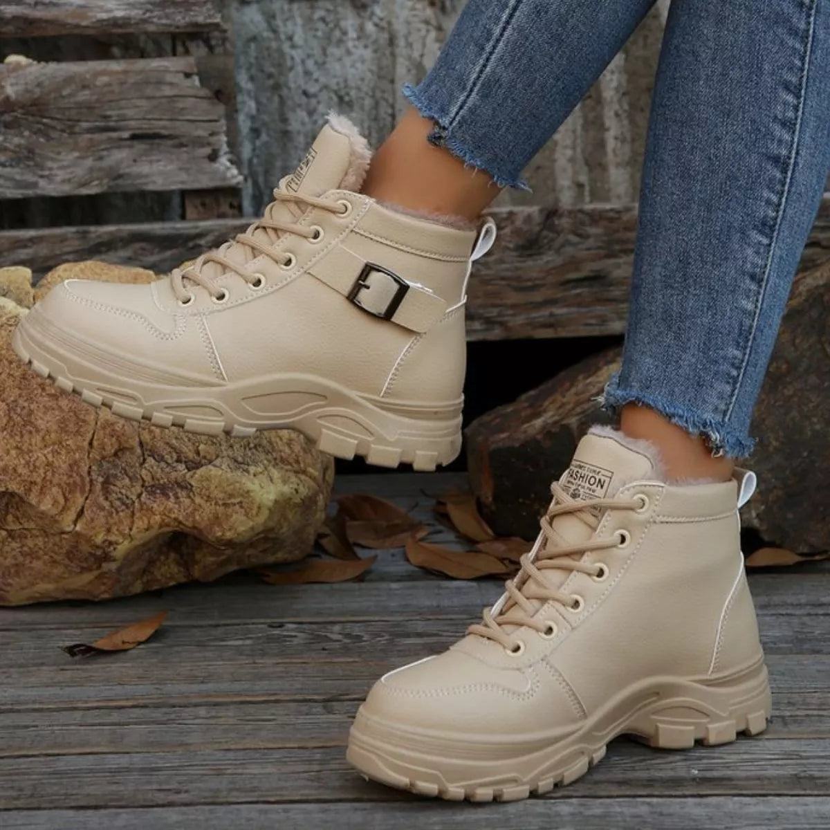Warm Lined Ankle Boots with Buckle Detail Beige Trendsi
