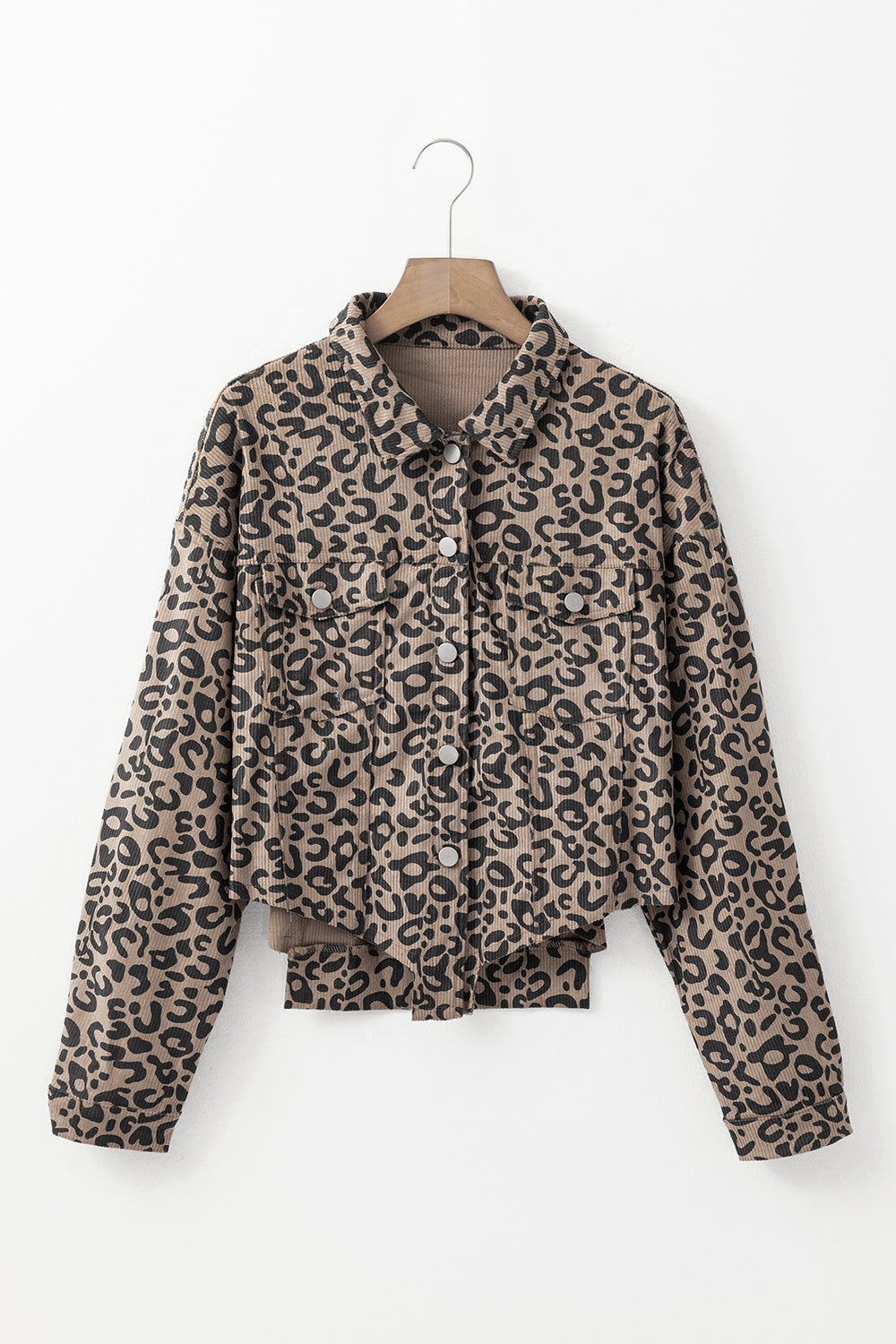 Outfit Flow - Asymmetrical Hem Collared Neck Leopard Jacket