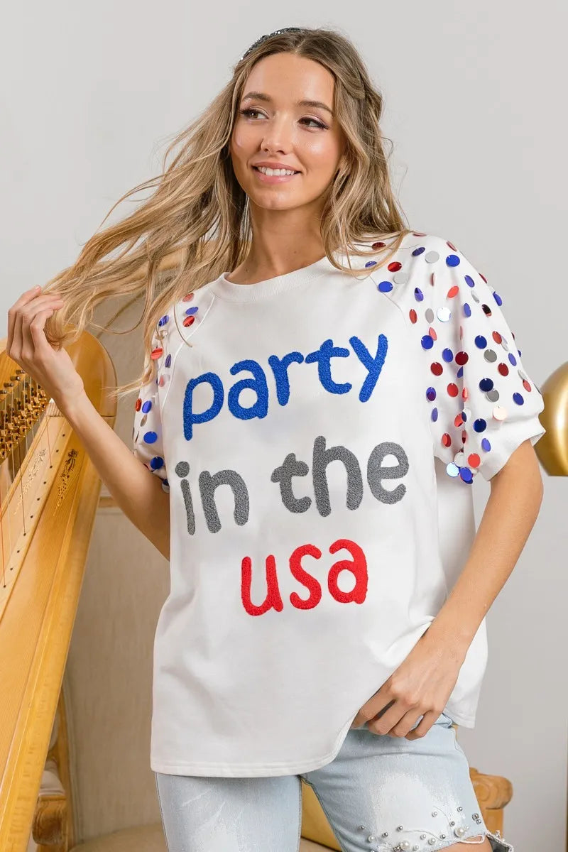 BiBi Party In The Usa Spangle Puff Sleeves Top OutfitFlow