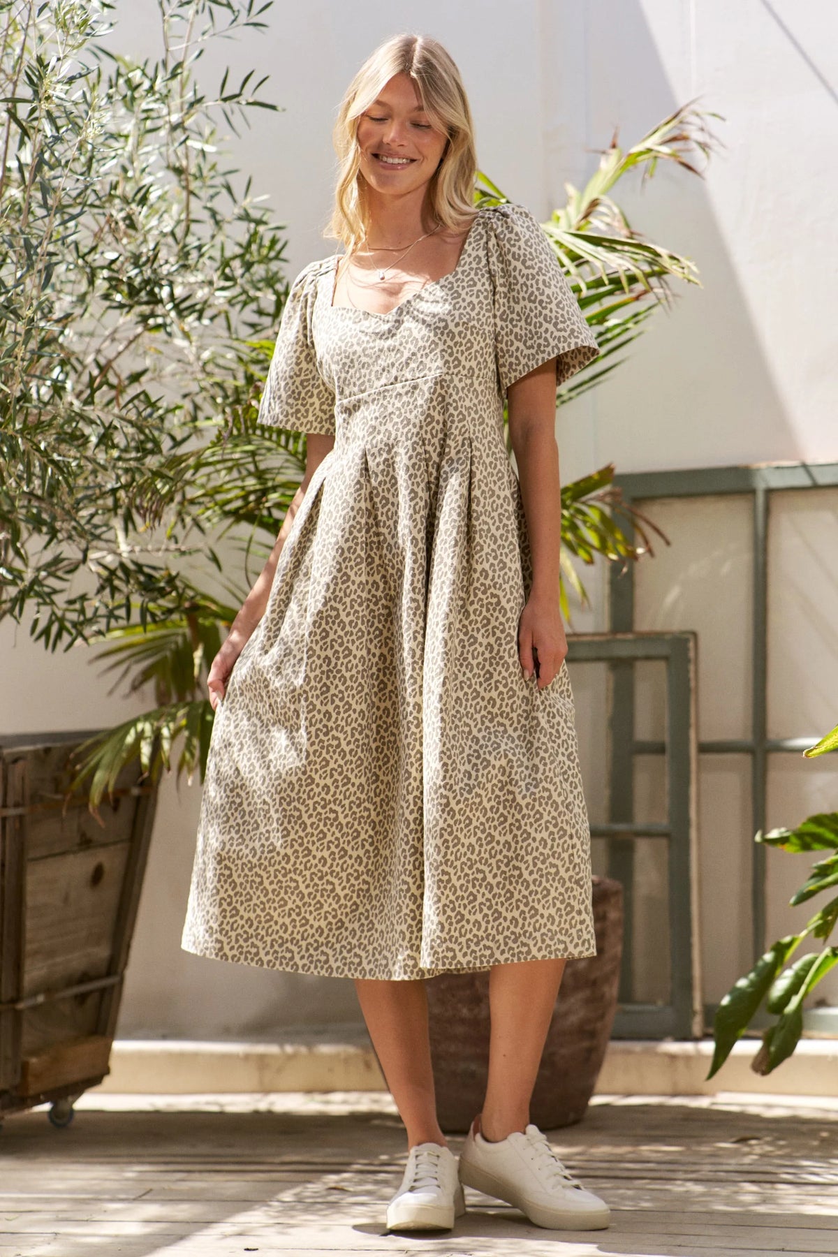 Jade By Jane Leopard Print Bell Sleeve Midi Dress CREAM OutfitFlow
