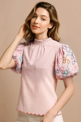 BiBi Embroidery Bubble Sleeve Top With Bottom Scallop Detail ROSE PINK OutfitFlow