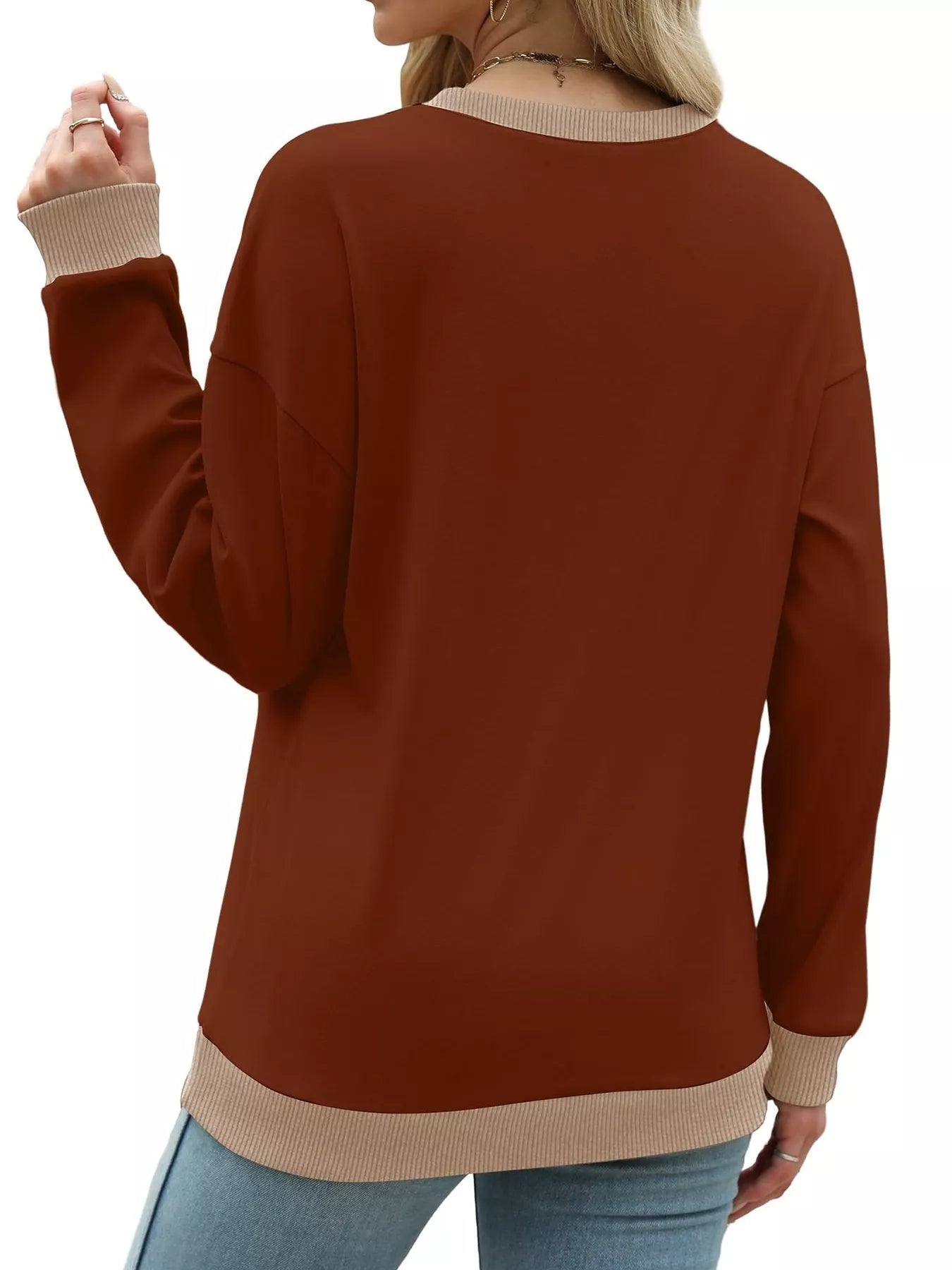 Contrast Trim Crew Neck Casual Sweatshirt OutfitFlow