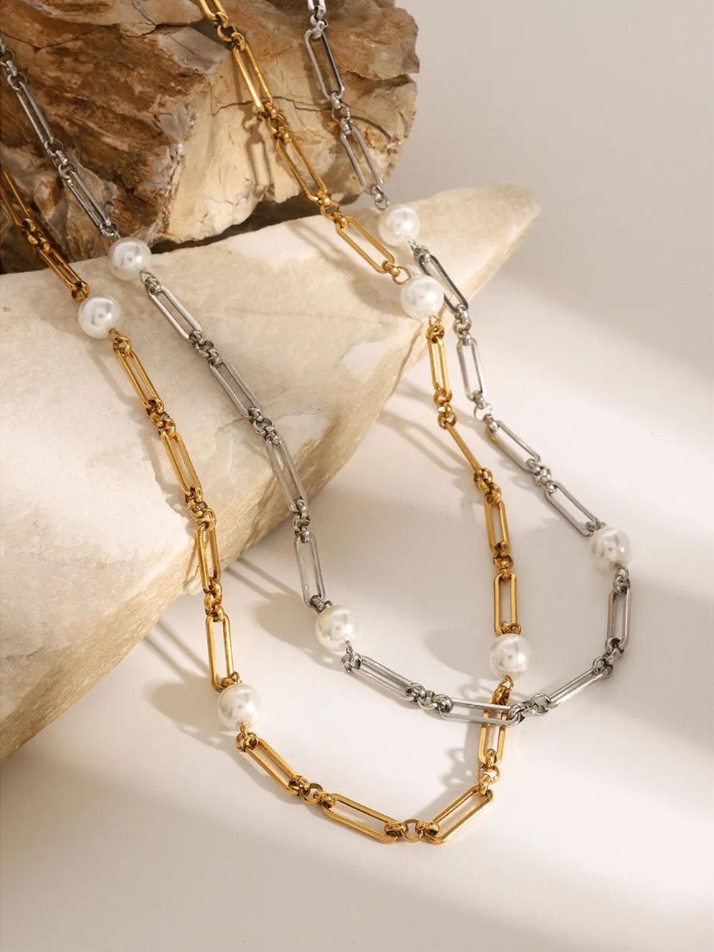 Stainless Steel Pearl Chain Necklace OutfitFlow