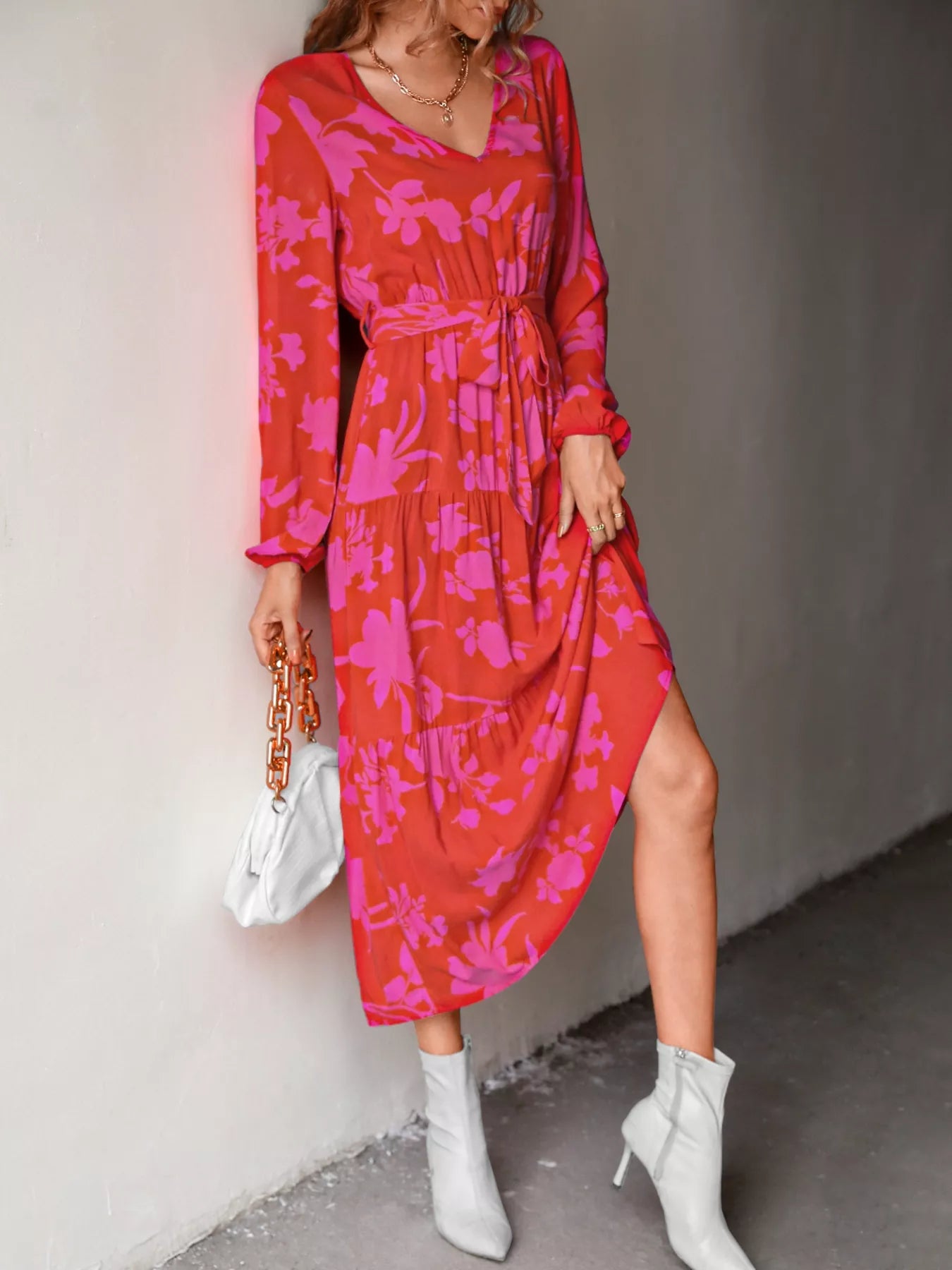 Printed V-Neck Balloon Sleeve Dress OutfitFlow