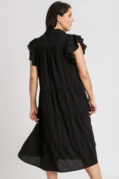 Umgee Full Size Johnny Collar Ruffle Cap Sleeve Tiered Dress Plus Size OutfitFlow