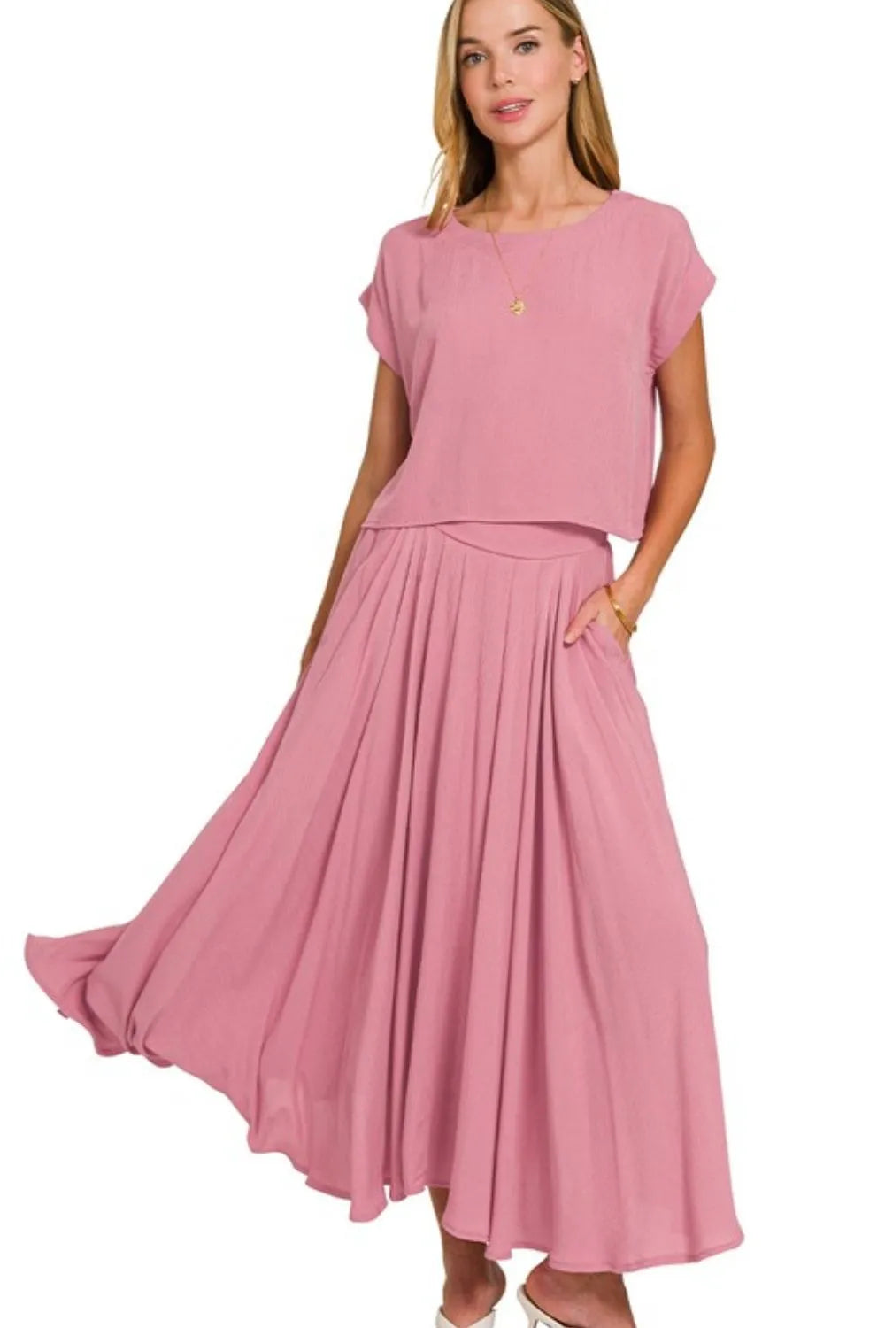 Zenana Woven Crinkle Gauze Crop Tee and Skirt Set LT ROSE OutfitFlow