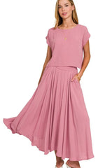 Zenana Woven Crinkle Gauze Crop Tee and Skirt Set LT ROSE OutfitFlow