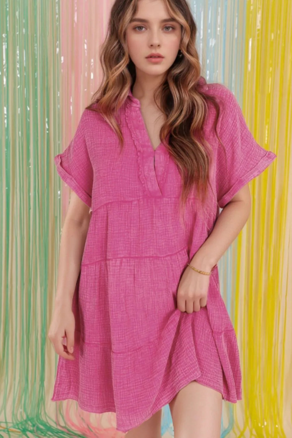Mineral Wash Crinkle Split Neck Raw Hem Tiered Dress OutfitFlow