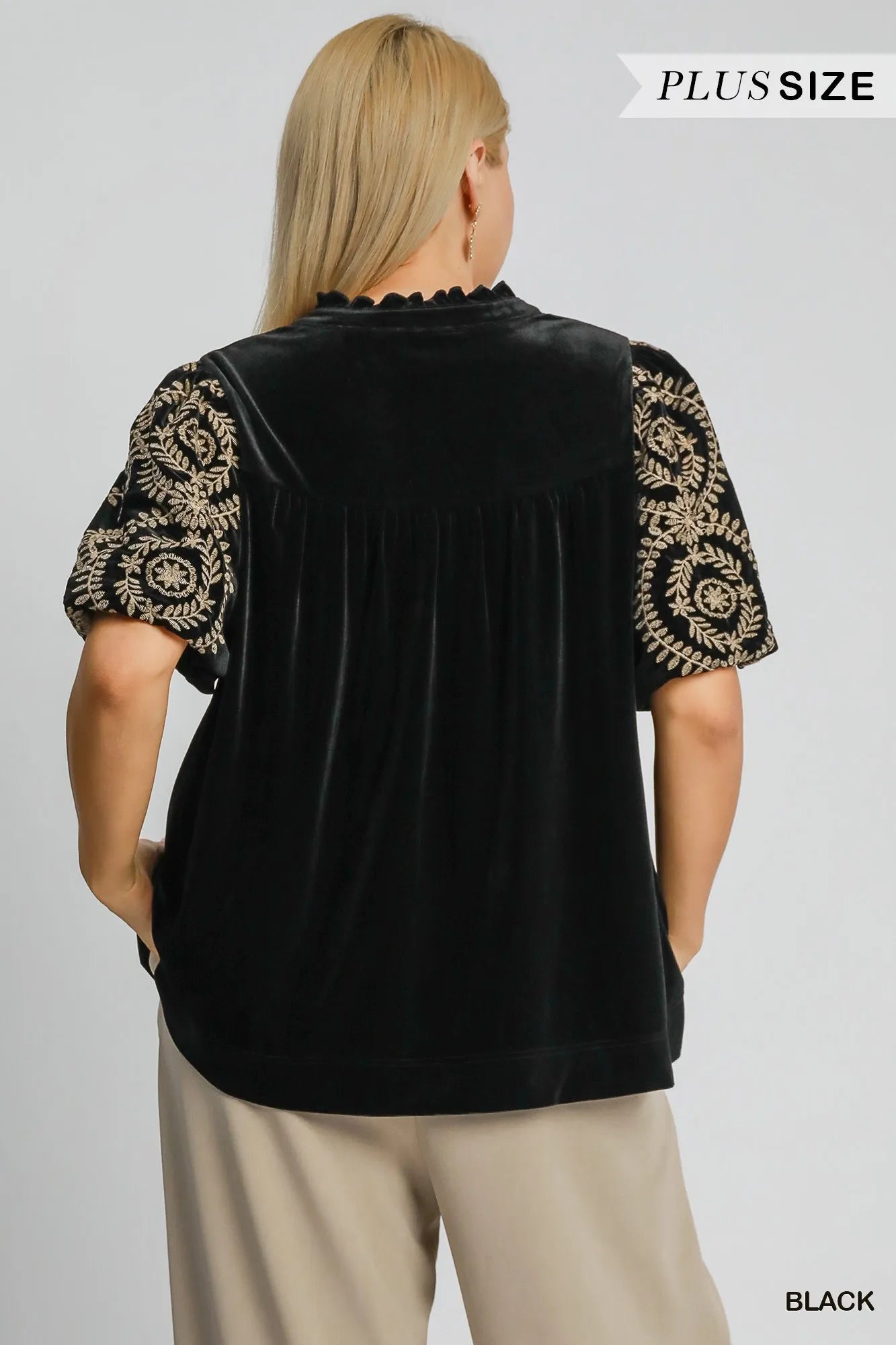 Umgee Full Size Velvet Embroidered Sleeve Blouse Plus Size OutfitFlow