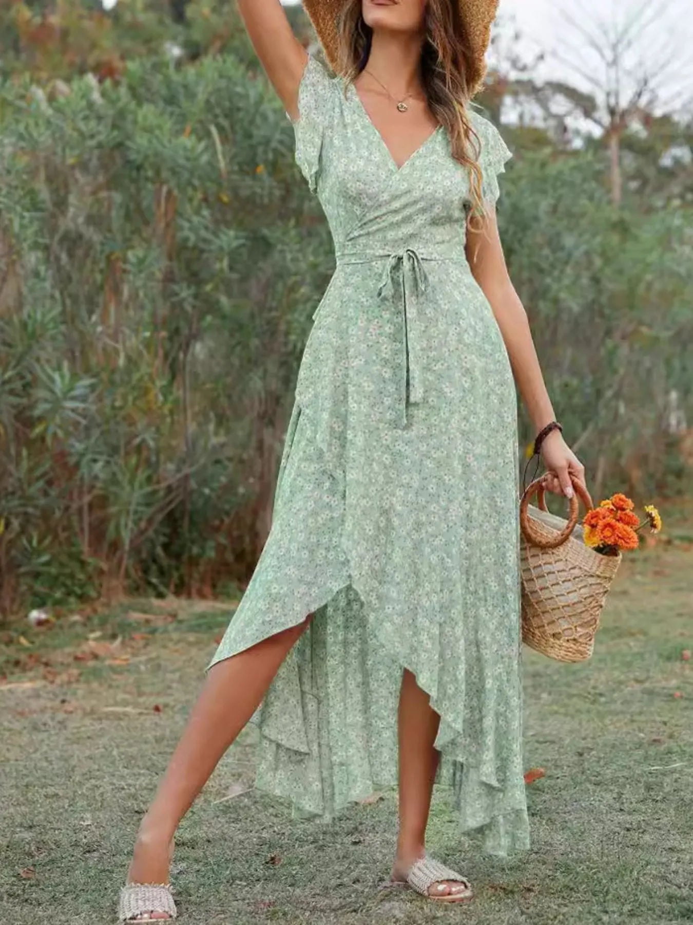 Printed Surplice Ruffle Sleeve Dress OutfitFlow